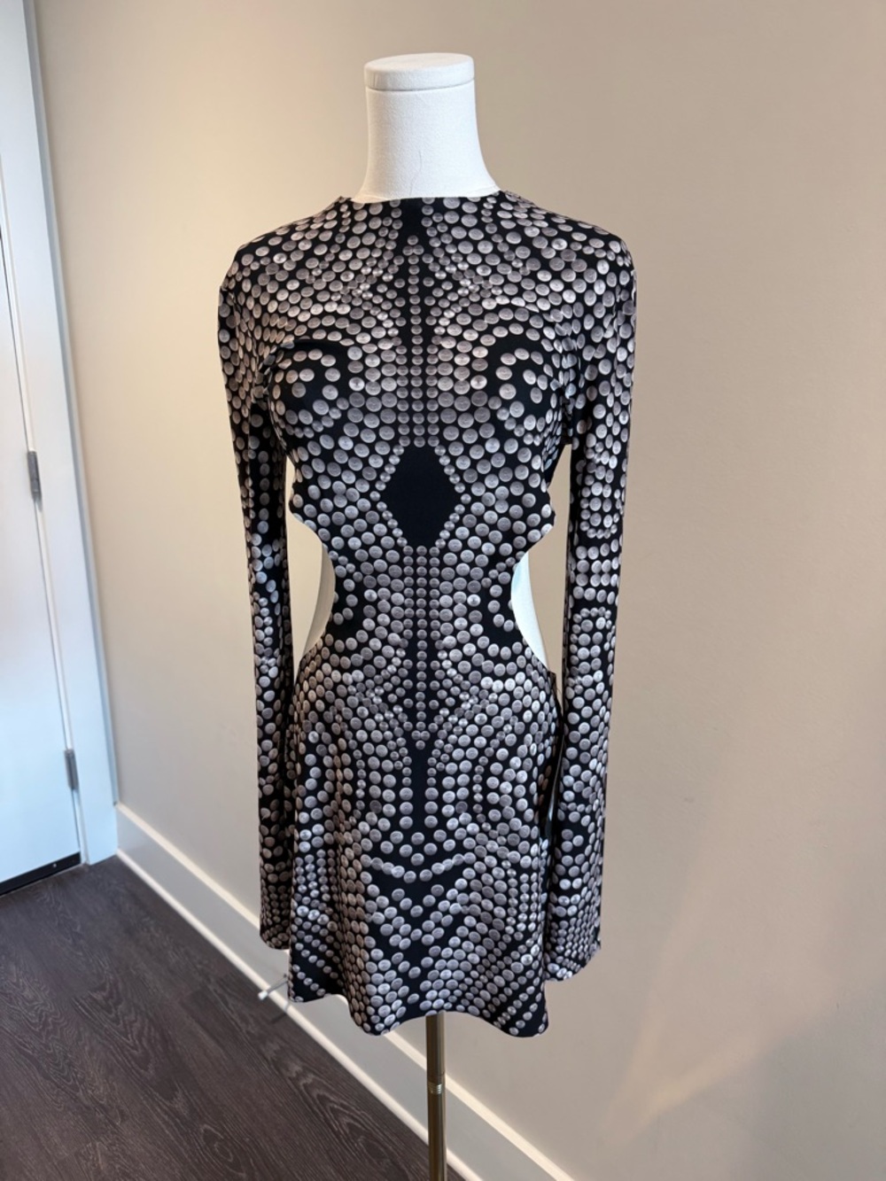 Norma Kamali Black and Gray Sculptural Cutout Long-Sleeve Dress